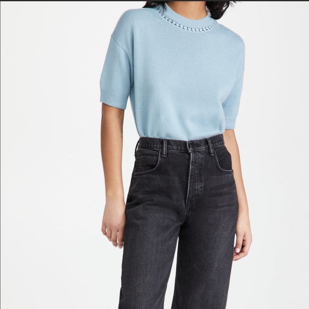 Theory mixed trim eggshell blue cashmere pullover sweater